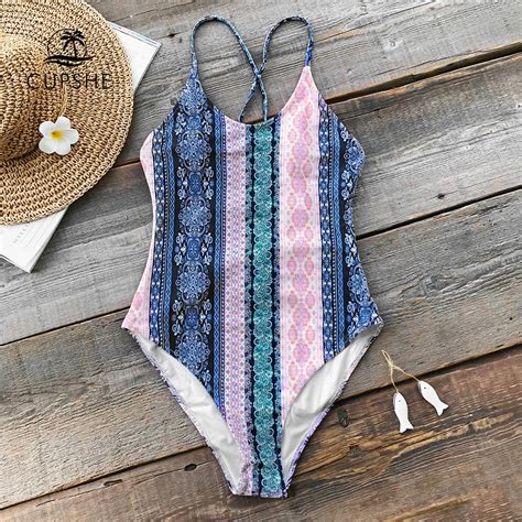 Cupshe Boho Print Lace Up Tribe One Piece Swimsuit Women Backless Geo
