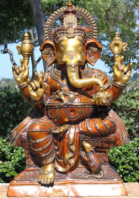 Preorder Large Brass Ganapathi Sculpture Holding Tusk Goad Noose