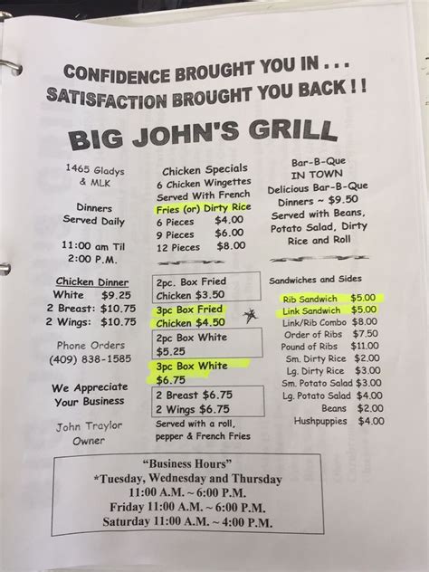 Online Menu Of Big Johns Grill Restaurant Beaumont Texas 77701 Zmenu