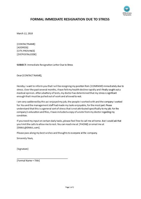 Immediate Resignation Letter Due To Stress By Employee Modèle