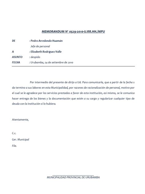 Modelo Memorandum De Despido