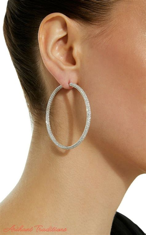 2 Inch Women S Large Pave Hoop Earrings 14k White Gold Etsy