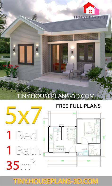 Small House Design Plans 5x7 With One Bedroom Gable Roof