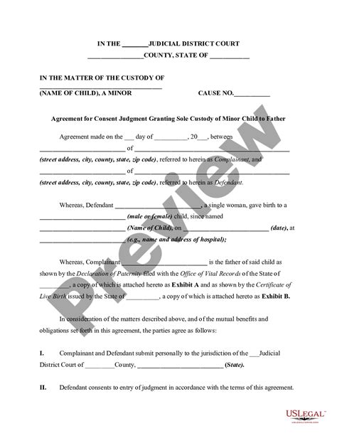 Agreement For Consent Judgment Granting Sole Custody Of Minor Child To