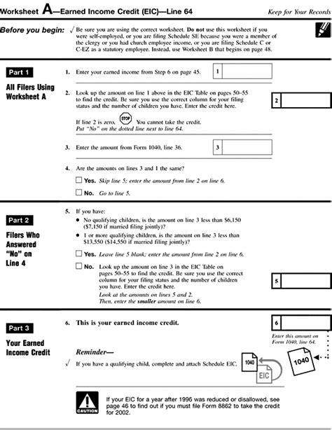 Worksheet A Earned Income Credit Eic Lines 64
