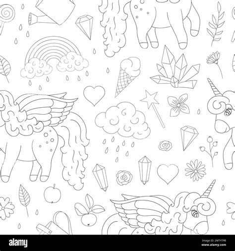 Vector Seamless Pattern Of Cute Unicorns Rainbow Clouds Crystals