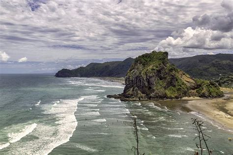 Lion Rock At Piha Beach West Coast Of Auckland New Zealand Stock