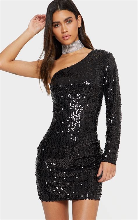 Black One Sleeve Sequin Bodycon Dress Prettylittlething Ie