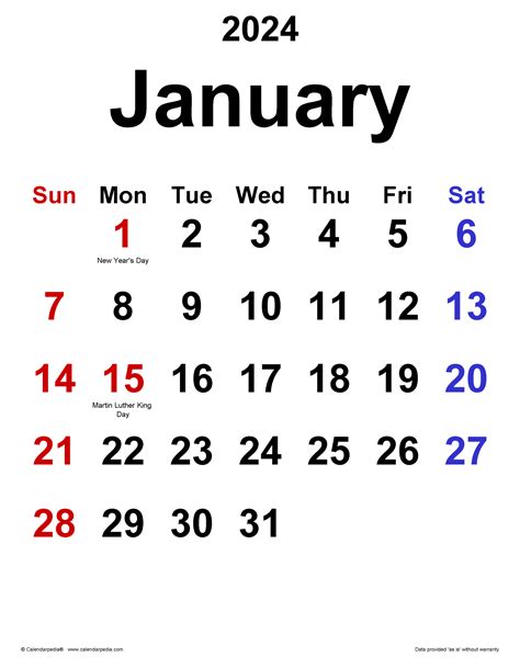 2024 January Calendar Printable 2024 Calendar Printable