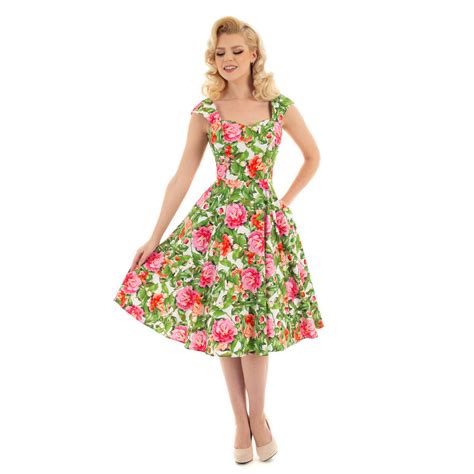 Green And Pink Floral Print 50s Swing Dress Pretty Kitty Fashion