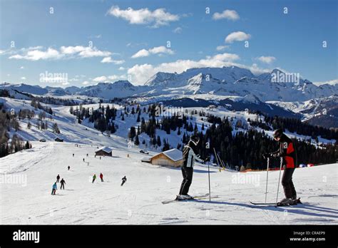 Ski Area La Villa Alta Badia In Front Of Marmolada Mountain