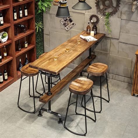 Industrial Long Bar Height Table Set For 4 Wooden 5 Piece Breakfast