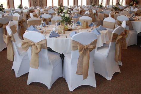 Bulk spandex stretch banquet folding chair table cover wedding party event decor. Burlap runner and chair sashes with white spandex chair ...