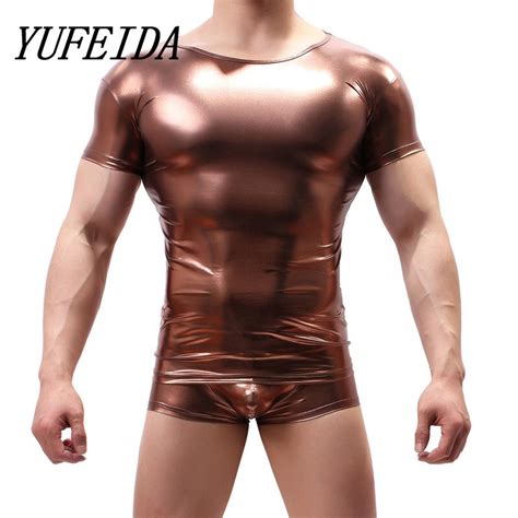 Pu Leather T Shirts Men Sexy Fitness Smooth Tops Gay Stage Party Club