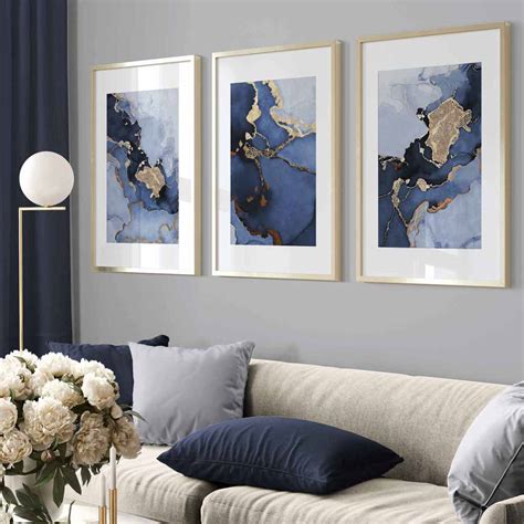 Framed Set Of 3 Abstract Art Prints Of Paintings Navy Blue And Gold