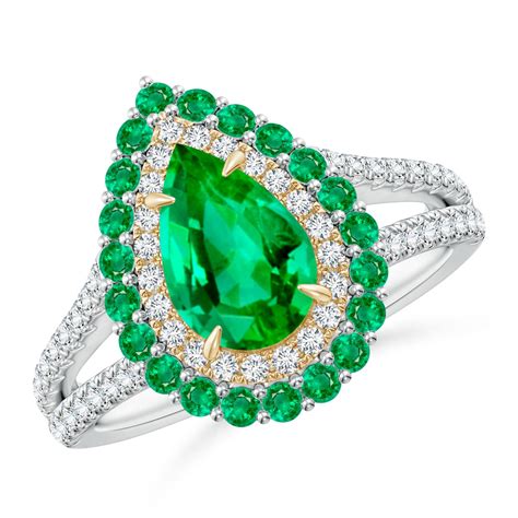 Pear Shaped Emerald Double Halo Two Tone Ring Angara Australia