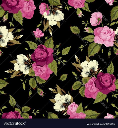 Seamless Floral Pattern With Pink Roses On Black Background Download A