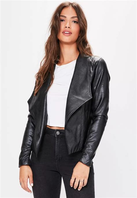 look badass af in this black faux leather waterfall style jacket with ribbed textile inserts