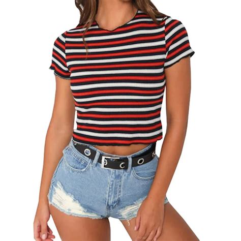 Multi Stripe T Shirt Women Summer Crop Top Fashion Casual Short Sleeve Ribbed T Shirt High