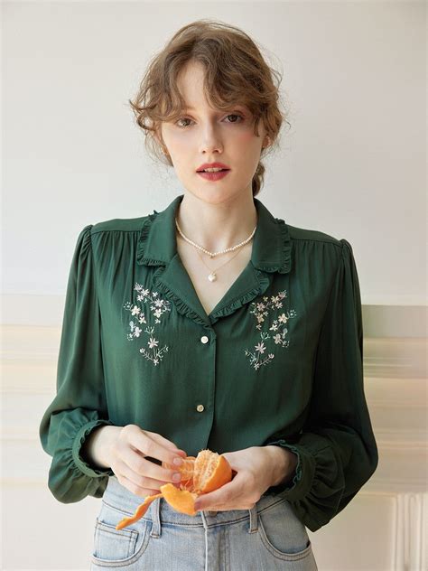 Convallaria Floral Embroidered Green Puff Top Green Blouse Outfit