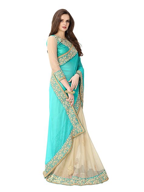 Buy Glory Sarees Turquoise Georgette Embroidered Saree With Blouse