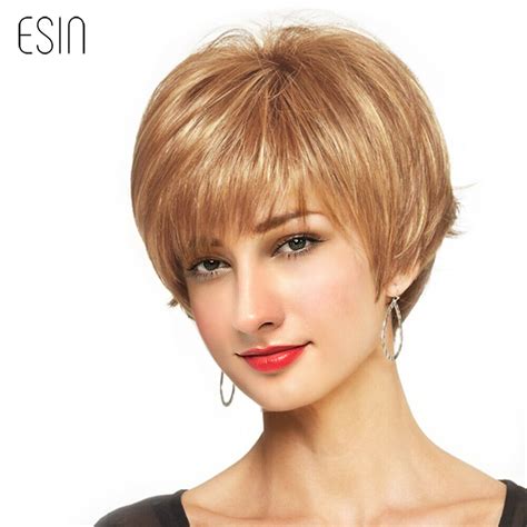 Esin Synthetic Blend Wigs Pixie Cut Short Straight Hair Wigs With Bangs Side Part Wig Blonde