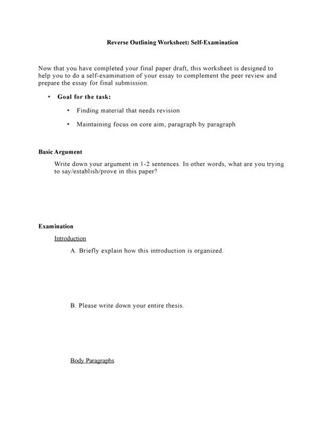 Reverse Outline Reverse Outlining Worksheet Self Examination Now