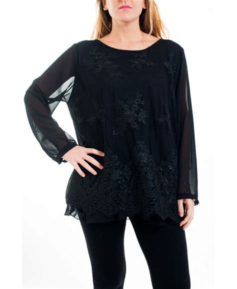 Pas question de cantonner la silhouette à la ligne classique du long manteau. GRANDE TAILLE TUNIQUE DENTELLE SUPERPOSEE 4519 NOIR ...