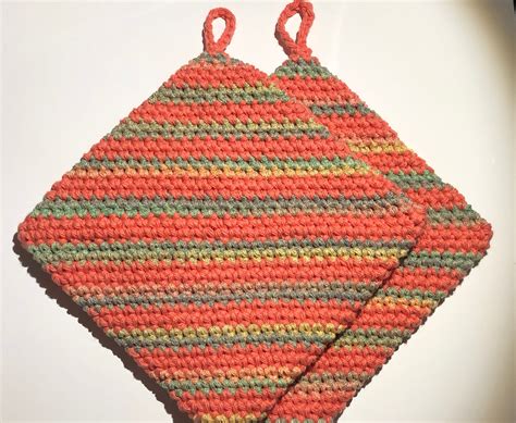 pot holders cotton double thick hot pads stripe peach and green hand crochet handmade t idea