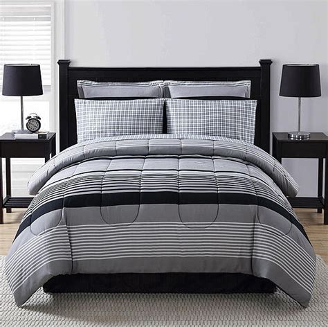 This black and red bed in a bag bedding set will add a touch of warmth and it will create a calm and relaxed atmosphere for your bedroom. Black Grey White Striped Plaid 8 piece Comforter Bedding ...