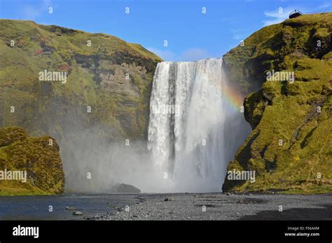 Skogafoss Waterfall With A Rainbow Skogar South Iceland Stock Photo