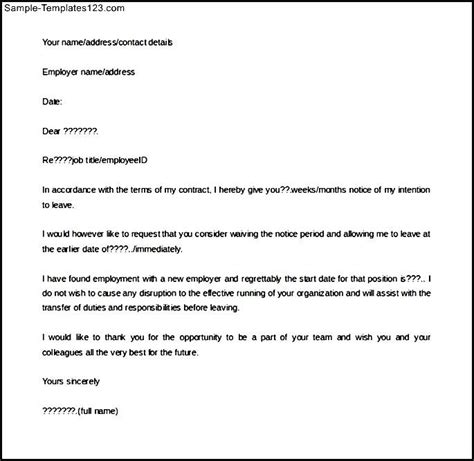 Editable Waiver Of Notice Period Resignation Letter Template Sample