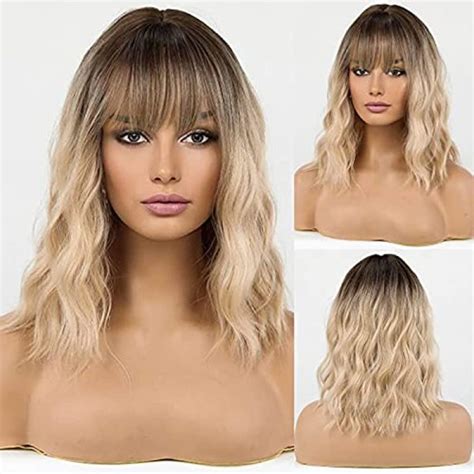 Haircube Blonde Wigs For Women Shoulder Length Wig With Fringe Synthetic Hair With Dark Roots