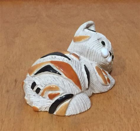 Hand Carved Clay Calico Cat Figurine With Enamel Accents From Etsy