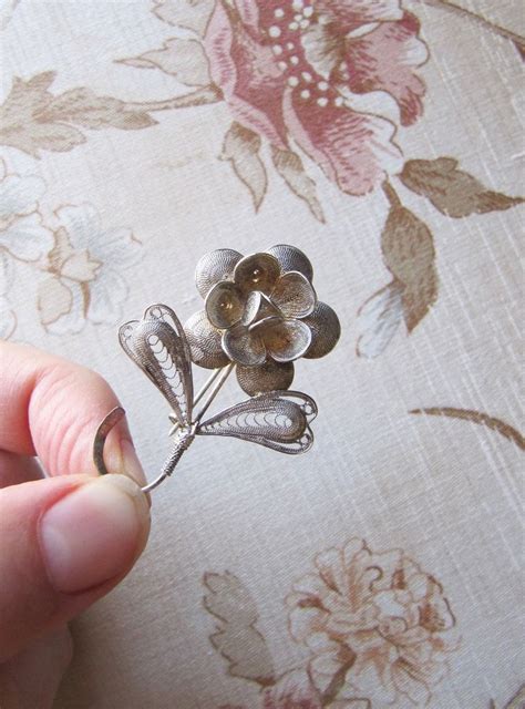 Vintage Sterling Silver Filigree Flower Brooch Mid Century Etsy
