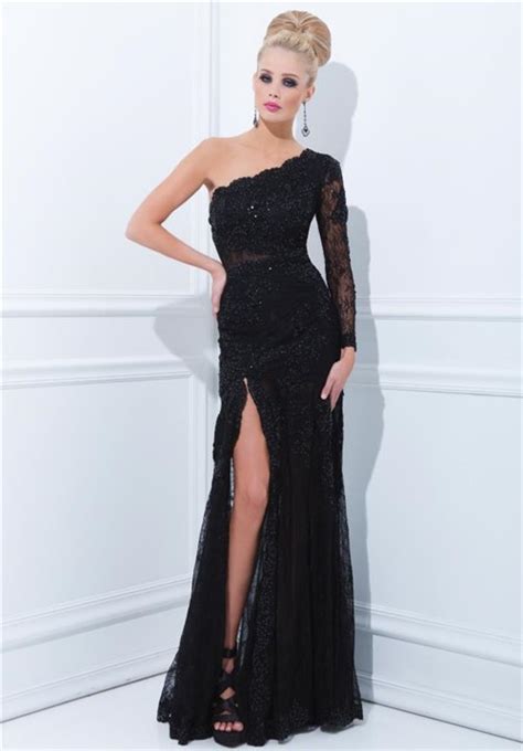 Sheath One Shoulder Long Sleeve Black Lace Evening Prom Dress With Slit