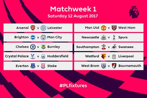 All the upcoming premier league football fixtures and results in the 2019/20 season. Premier League fixtures for 2017/18 released