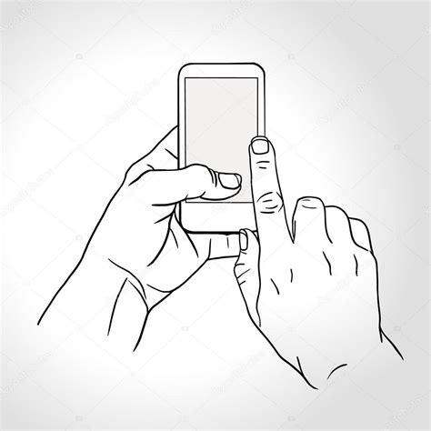 Line Art Hand Holding And Touch On Smartphone With Blank Screen