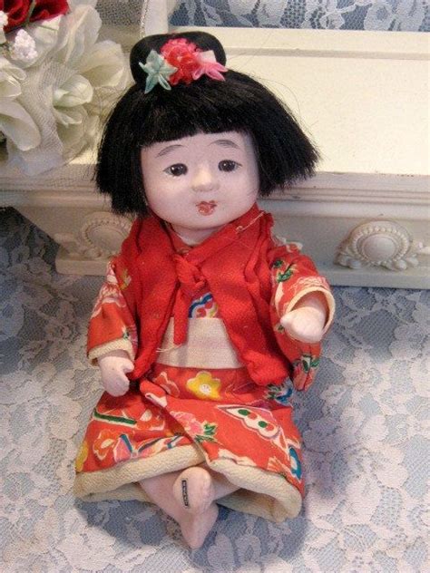 Vintage 1940s Ichimatsu Gofun Japanese Baby Doll Silk Kimono Original