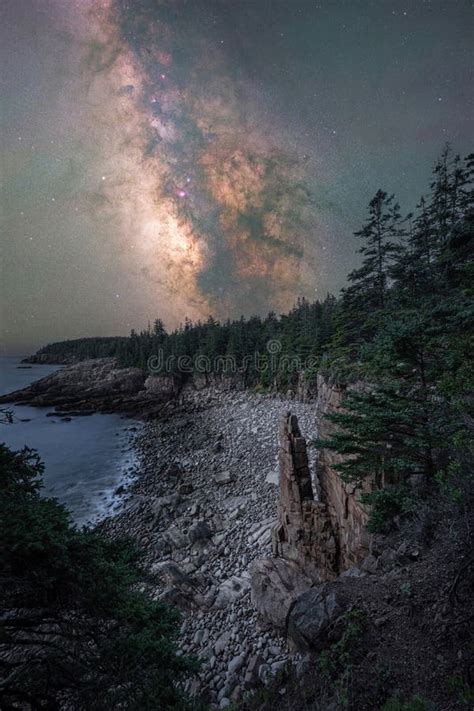Milky Way Galaxy Over Monument Cove In Acadia National Park Stock Image