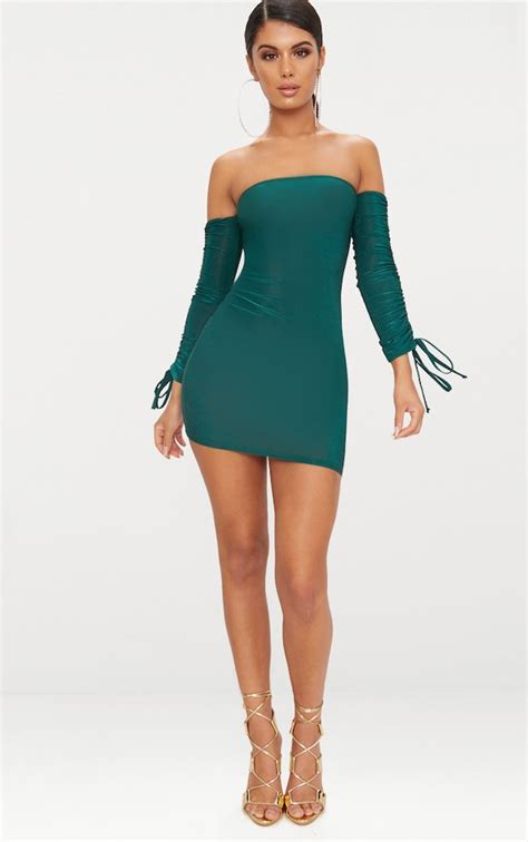 Emerald Green Slinky Bardot Bodycon Dress Prettylittlething