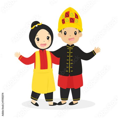 Indonesian Boy And Girl Wearing Aceh Traditional Dress Cartoon Vector