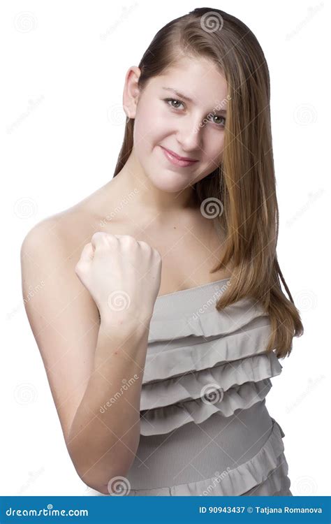 十几岁的女孩显示在白色的一个拳头 库存图片 图片 包括有 女孩 夫人 爱好健美者 商业 喜悦 字符 90943437