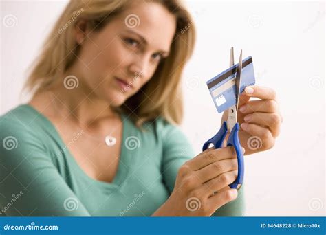Woman Cutting Up Credit Card Stock Photo Image Of Scissors Clothing