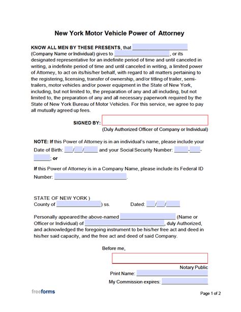 Free New York Motor Vehicle Power Of Attorney Form Pdf Word