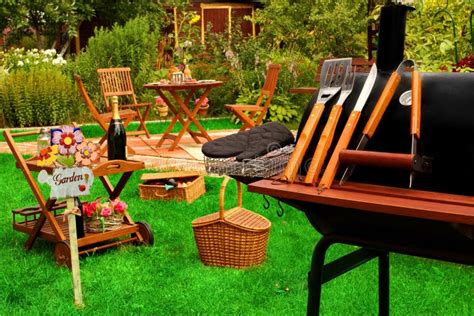 Summer Outdoor Backyard Bbq Grill Party Or Picnic Scene Stock Photo