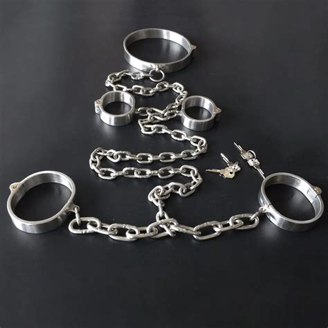 stainless steel hand ankle cuffs neck collar adult games slave bondage restraints metal chain