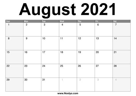 Calendar August 2021 Printable March