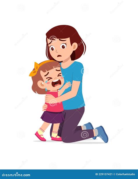 Young Mother Hug Crying Little Girl And Try To Comfort Stock Vector