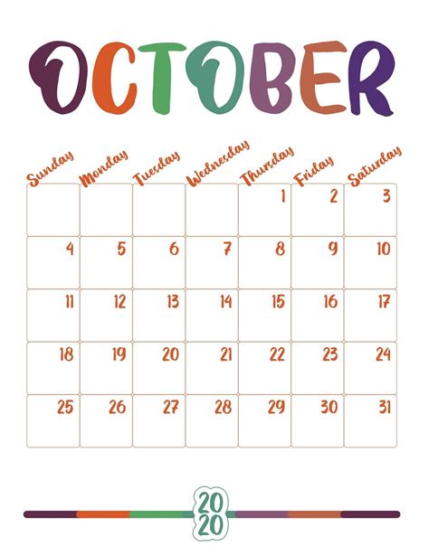 Cute October 2020 Calendar Colorful Calendar Printables Calendar